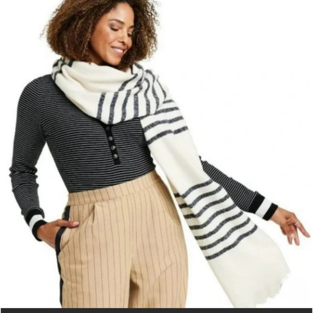 La Ligne Ivory and Black Striped Oversized Scarf